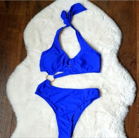 New Royal Blue Cut Out Ring Details One piece Swimsuit Size L - Picture 5 of 6